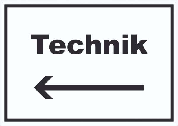 Technik Schild mit Text und Richtungspfeil links Hauswirtschaftsraum waagerecht