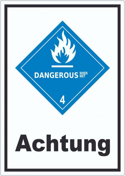 Aufkleber wasserreaktive Stoffe Achtung Dangerous when wet