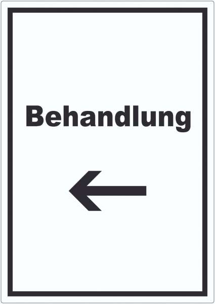 Behandlung Aufkleber mit Text und Richtungspfeil links Behandlungsraum hochkant