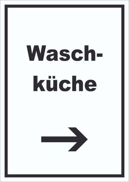 Waschküche Schild mit Text und Richtungspfeil rechts Waschraum hochkant